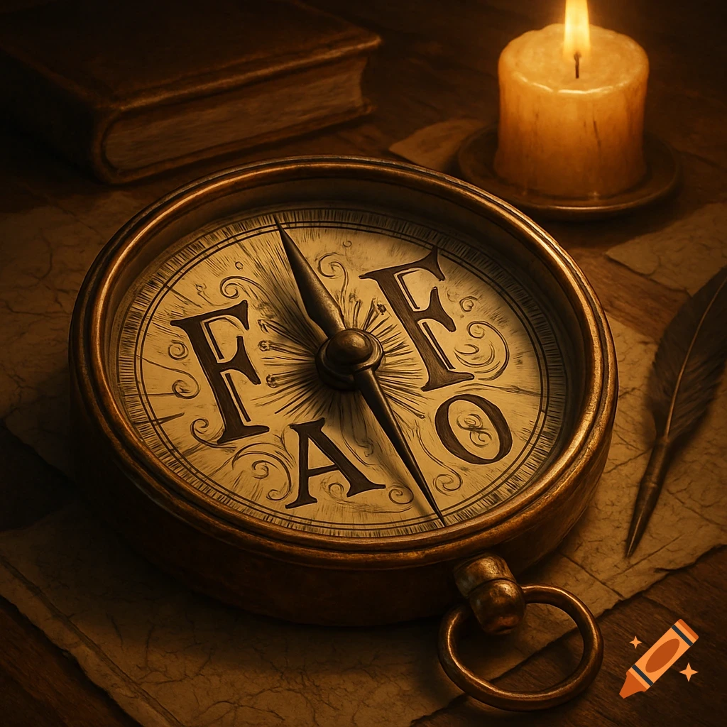 Vintage brass compass with 'FAFO' on its face, next to an old book, lit candle, and quill pen on parchment.