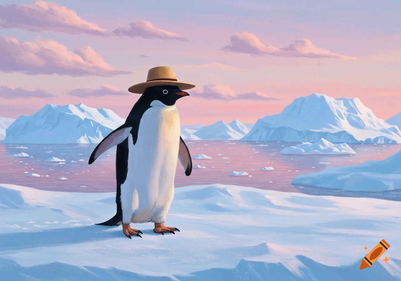 An illustrated penguin wearing a straw hat stands in a snowy arctic landscape with icebergs and a pink sunset sky.
