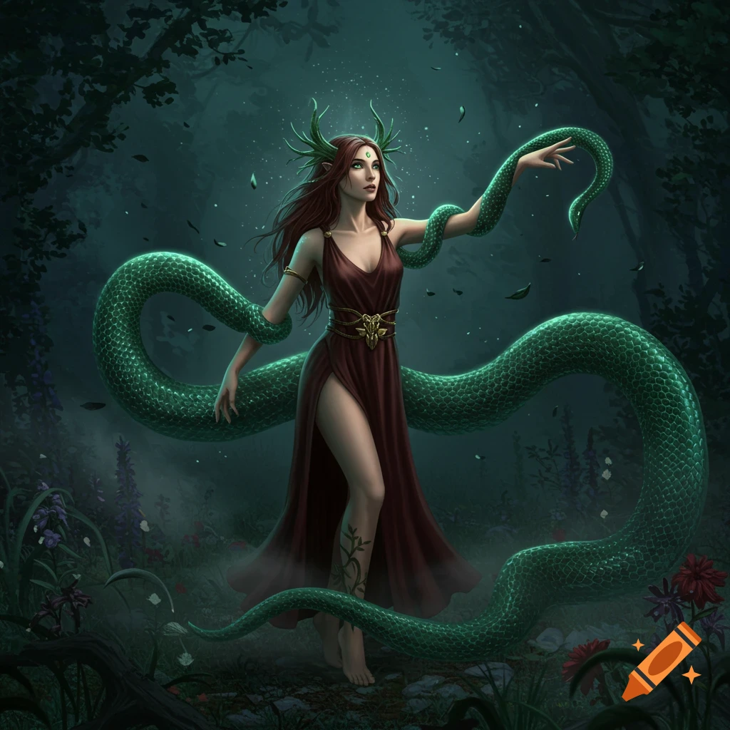 A fantasy woman with a large green snake wrapped around her in a dark forest, wearing a red dress.