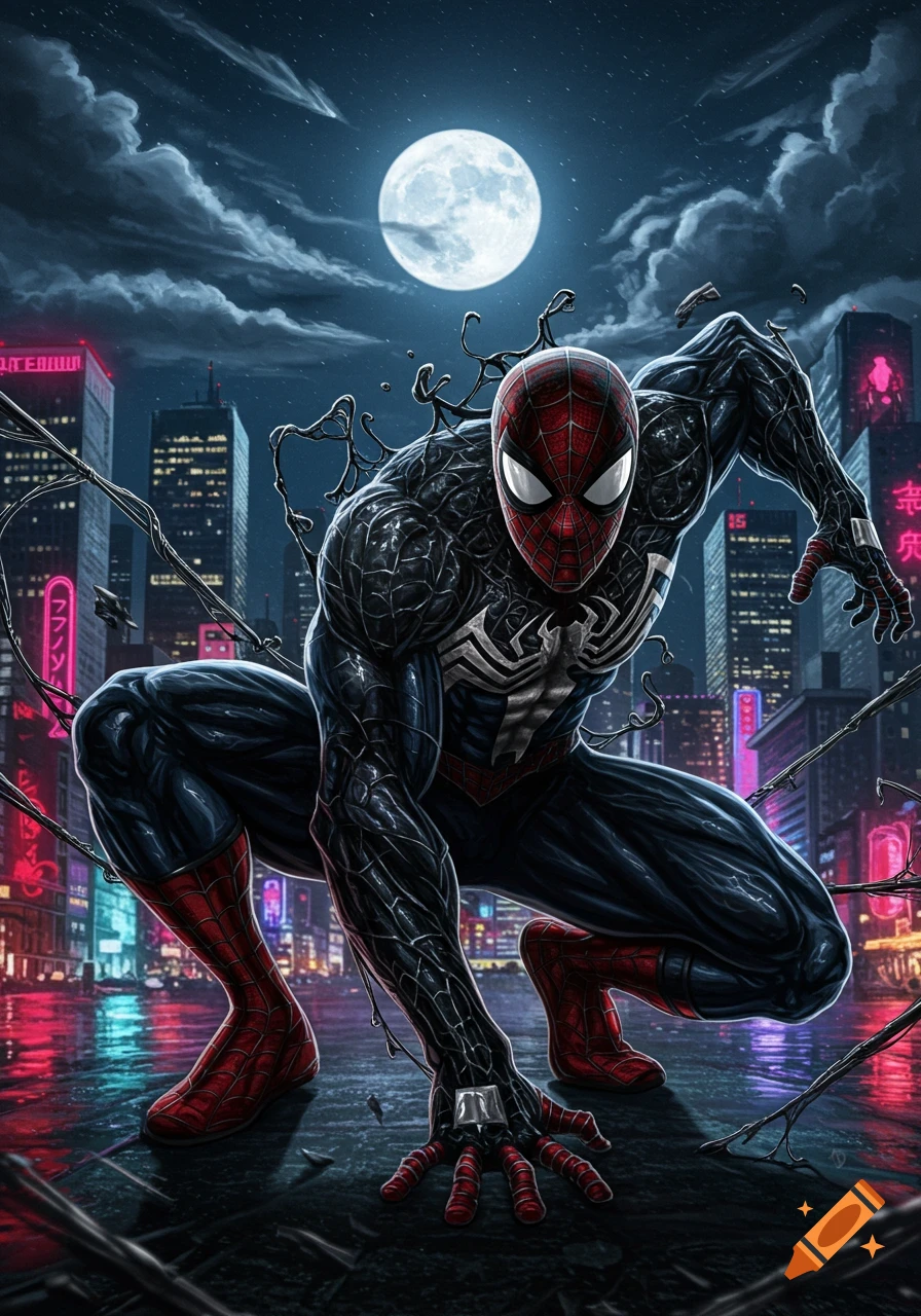 A Spiderman-Venom hybrid crouches on a wet rooftop at night, with a full moon and neon cityscape in the background.