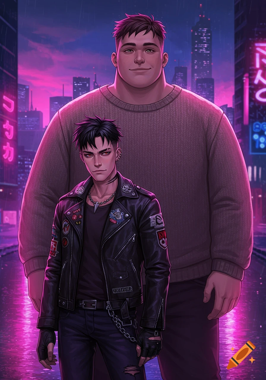 An anime-style image of a large, smiling man behind a smaller, edgy man in a leather jacket, standing on a rainy cyberpunk street with neon lights.