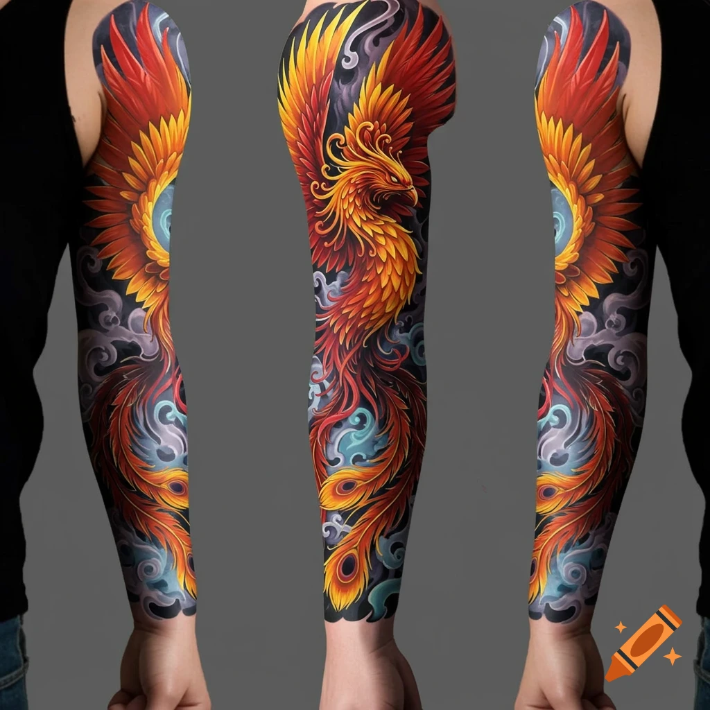 A vibrant full sleeve tattoo of a fiery phoenix with red and gold feathers against a dark and cloudy background.