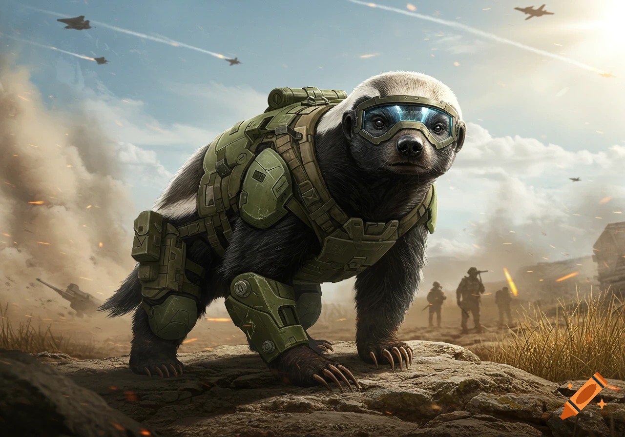 A honey badger in green futuristic military armor and goggles stands on rocky terrain with soldiers, explosions, and fighter jets in the background.