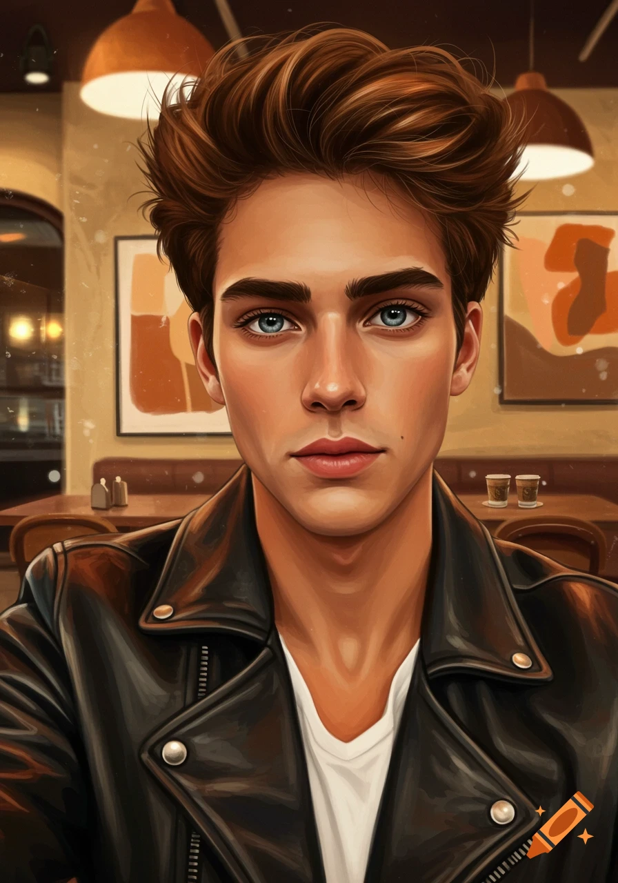 A stylized illustration of a handsome young man with brown hair and blue eyes, wearing a black leather jacket, sitting in a cafe.
