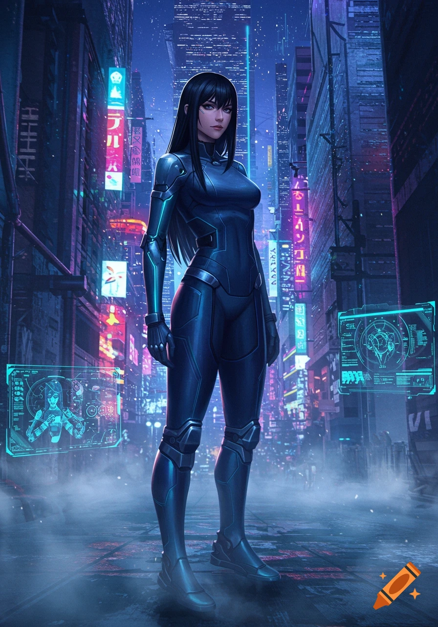 A female character in a dark blue futuristic suit stands in a neon-lit cyberpunk city at night, with holographic displays.