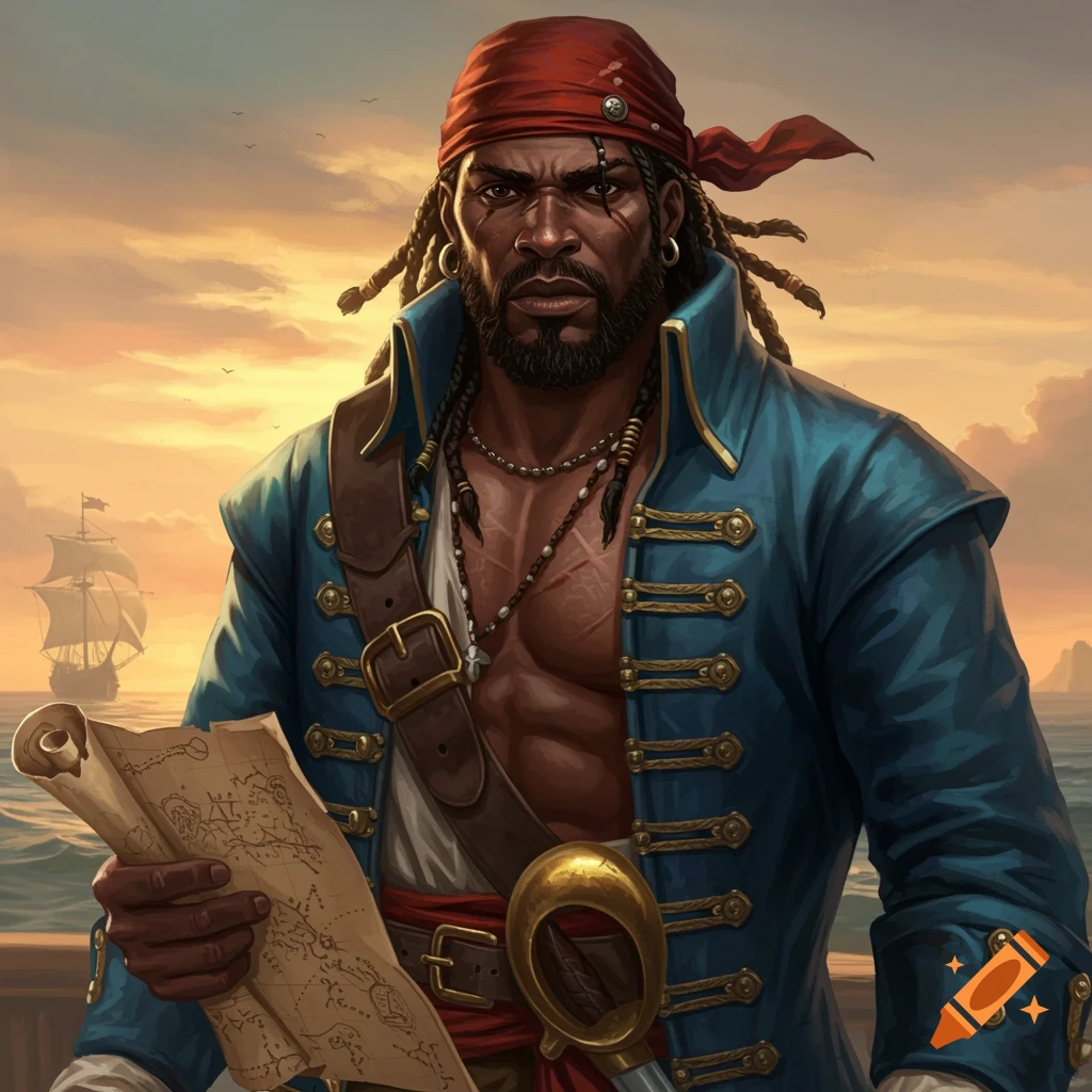 A detailed illustration of a Black male pirate with a red bandana and blue coat, holding a map on a ship at sunset.