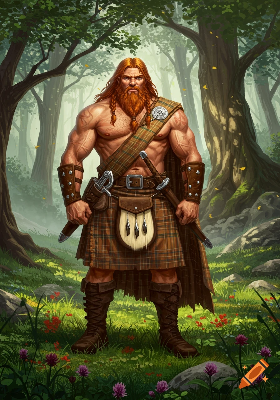 A powerful, red-haired Scottish man with a beard, braids, kilt, and sporran stands in a lush forest.