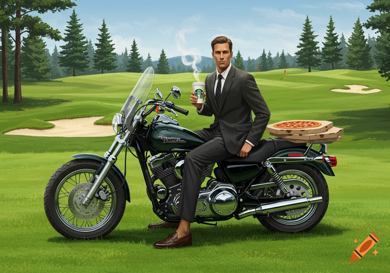 A man in a suit on a green motorcycle with pizza boxes on a golf course, holding a Starbucks cup.