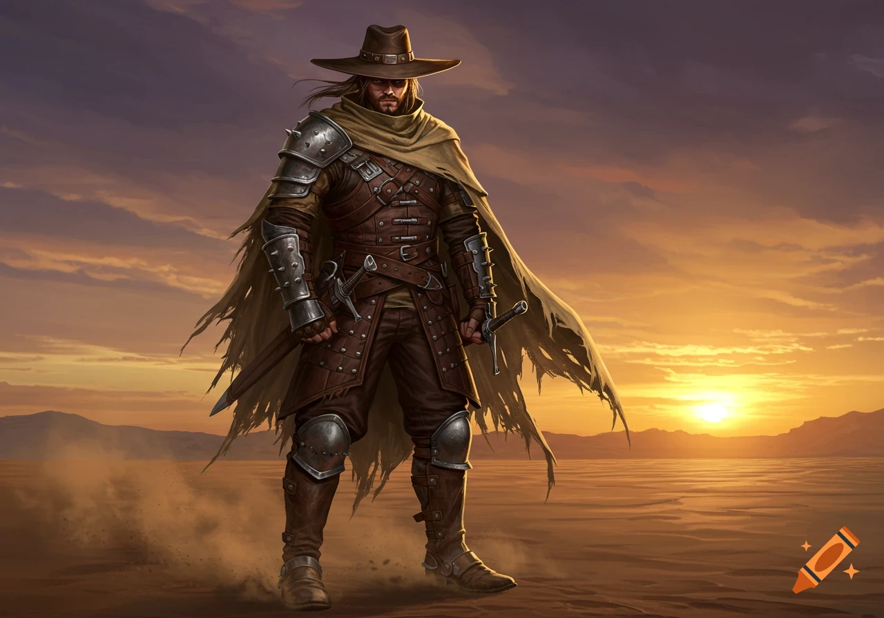 A rugged male marauder in a brown leather outfit, wide-brimmed hat, and tattered cloak stands in a desert holding two swords at sunset. Fantasy art style.