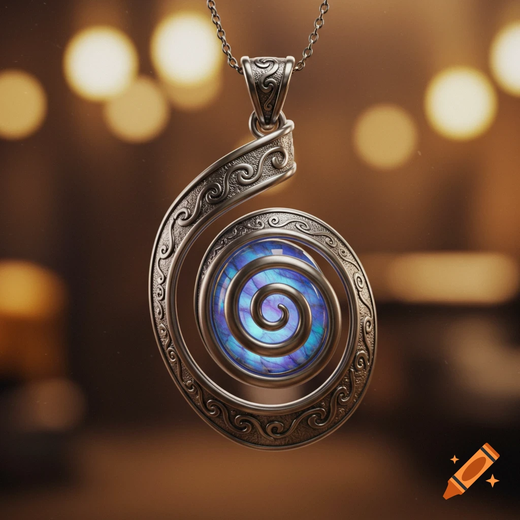 A detailed silver spiral pendant with a glowing blue-purple center, suspended on a chain against a blurred warm background.