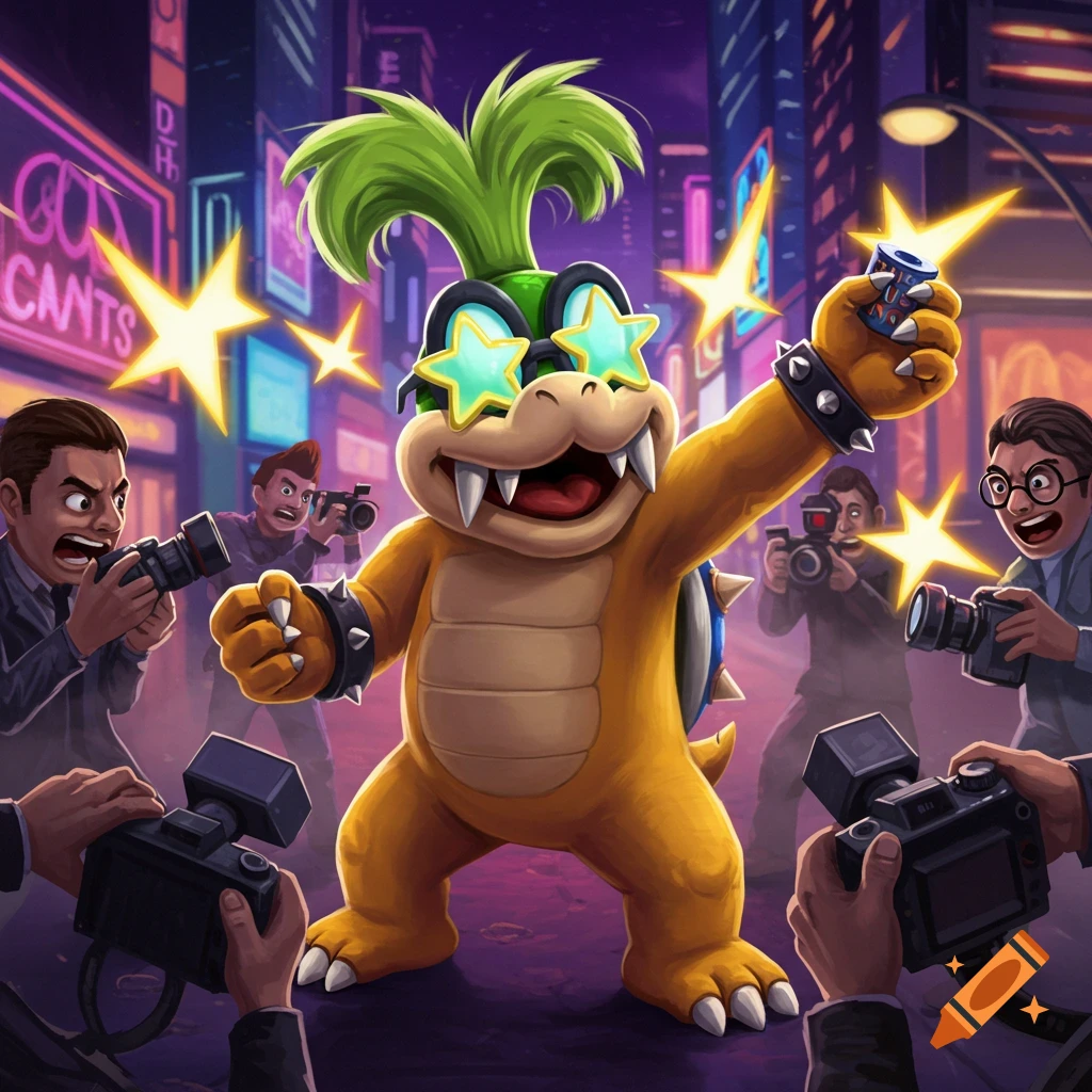 Iggy Koopa, a green-haired, yellow Bowser character in star glasses, is surrounded by paparazzi and flashlights in a neon-lit city at night.