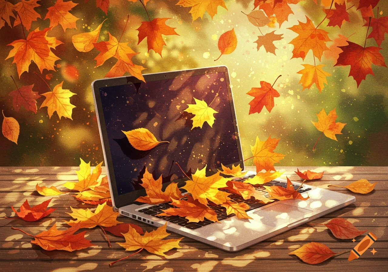 A laptop computer surrounded by and covered with colorful autumn leaves in a watercolor style, on a wooden table.