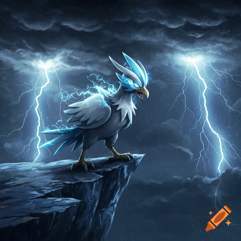 An electric bird resembling a Pokémon with glowing eyes sits on a cliff as lightning strikes in a dark, stormy sky. Fantasy art.