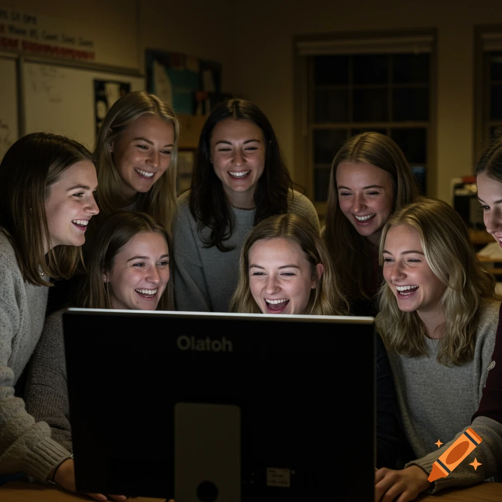 A candid, photorealistic image of a group of laughing young women gathered around a computer monitor in a dimly lit classroom at night.