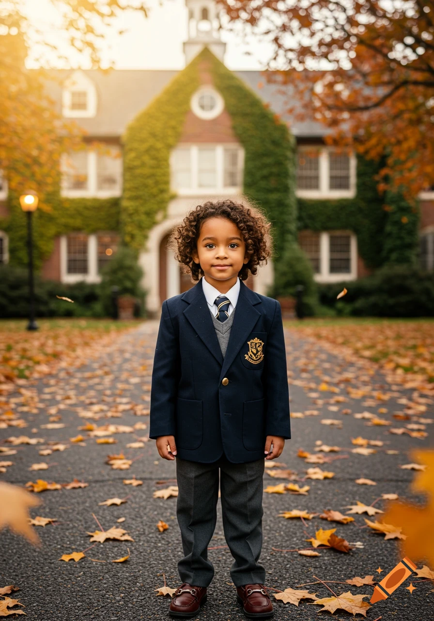 Photorealistic portrait of a young biracial boy in a school uniform standing outside a vine-covered school building in autumn.