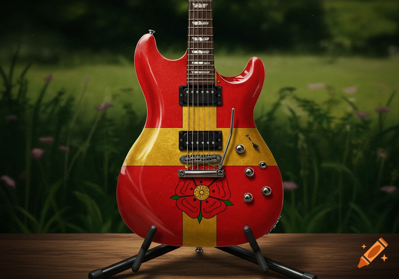 Photorealistic electric guitar with a red and gold body featuring a Lancashire rose emblem, standing on a wooden surface outdoors.