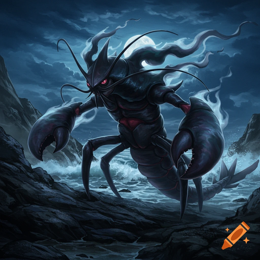 A dark, monstrous lobster-like creature with glowing red eyes stands on a rocky shore with crashing waves under a full moon.