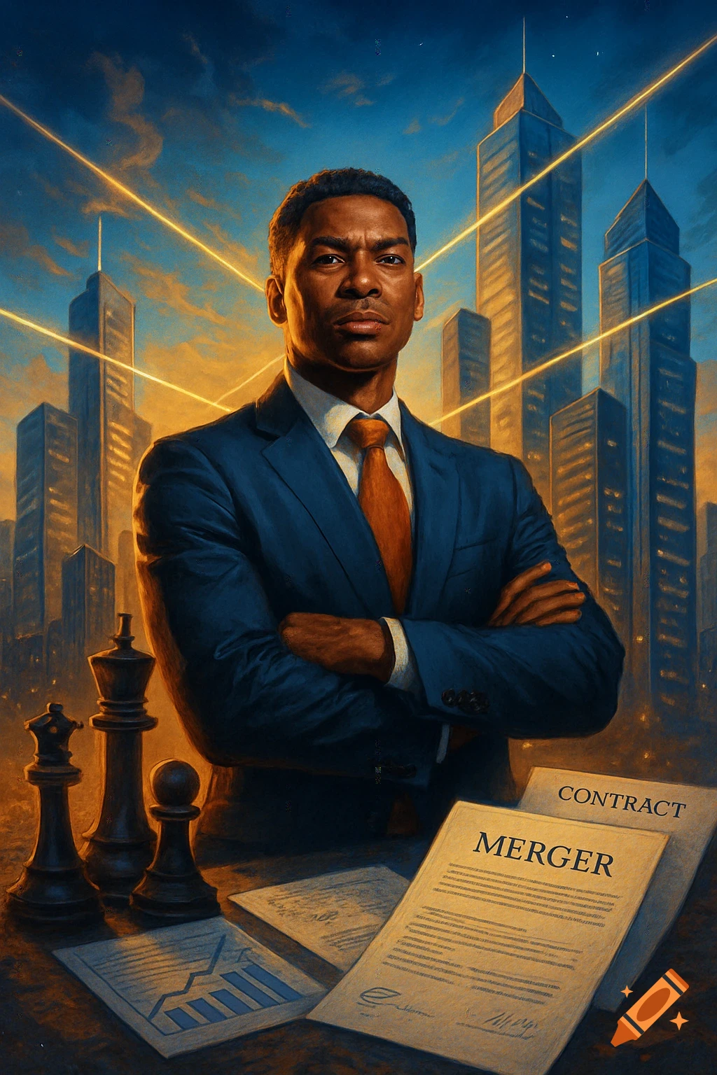 A confident Black businessman in a suit with folded arms stands before a cityscape, with chess pieces and documents on a desk.
