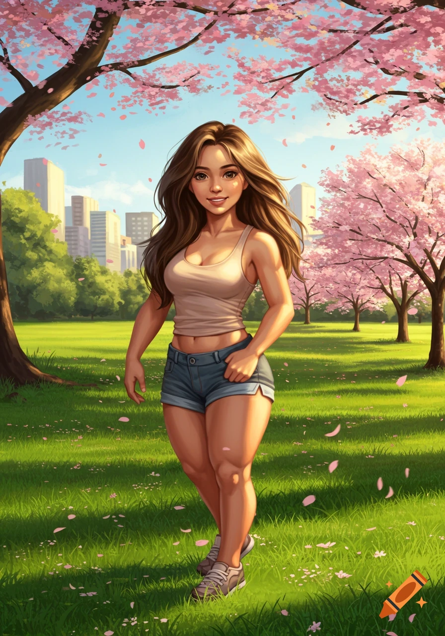 A stylized woman with long brown hair stands in a park with pink cherry blossom trees and a city skyline in the background.