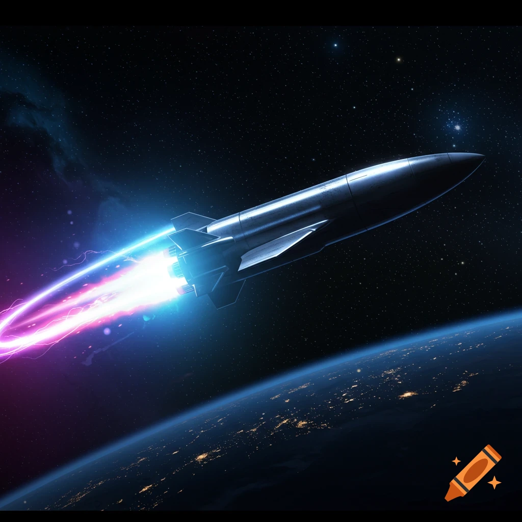 A sleek rocket with bright blue and purple exhaust flies through space above the Earth's illuminated curvature.