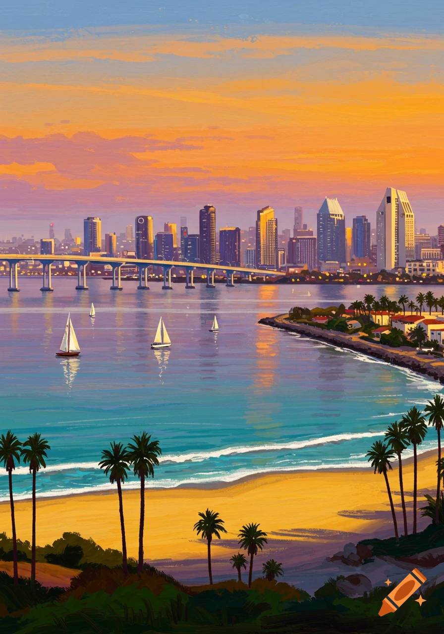Painting of San Diego skyline at sunset with a bridge, sailboats, beach, and palm trees.