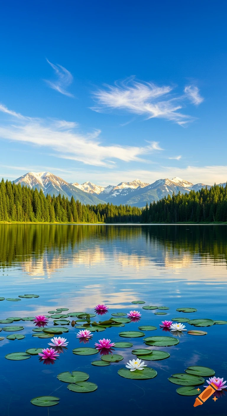 A serene lake with pink and white water lilies, reflecting a dense pine forest and snow-capped mountains under a clear blue sky.