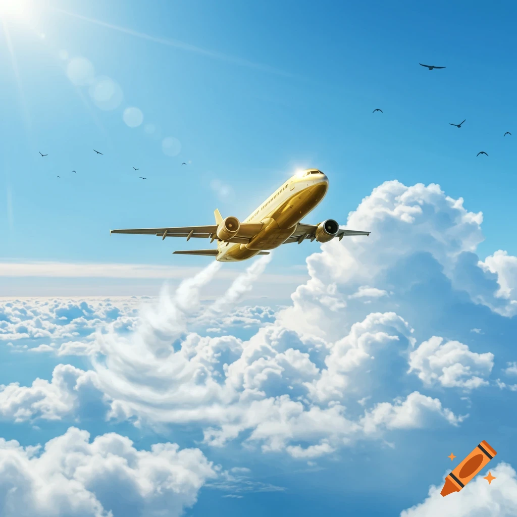 A golden airplane soars through a bright blue sky above fluffy white clouds, with the sun shining brightly.
