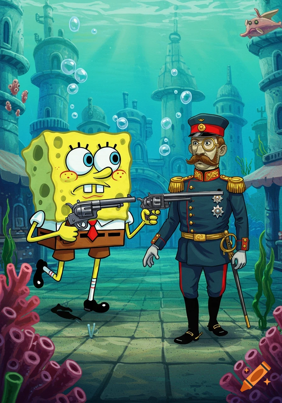 Spongebob Squarepants and a historical military officer aiming revolvers at each other in an underwater city, in a cartoon style.