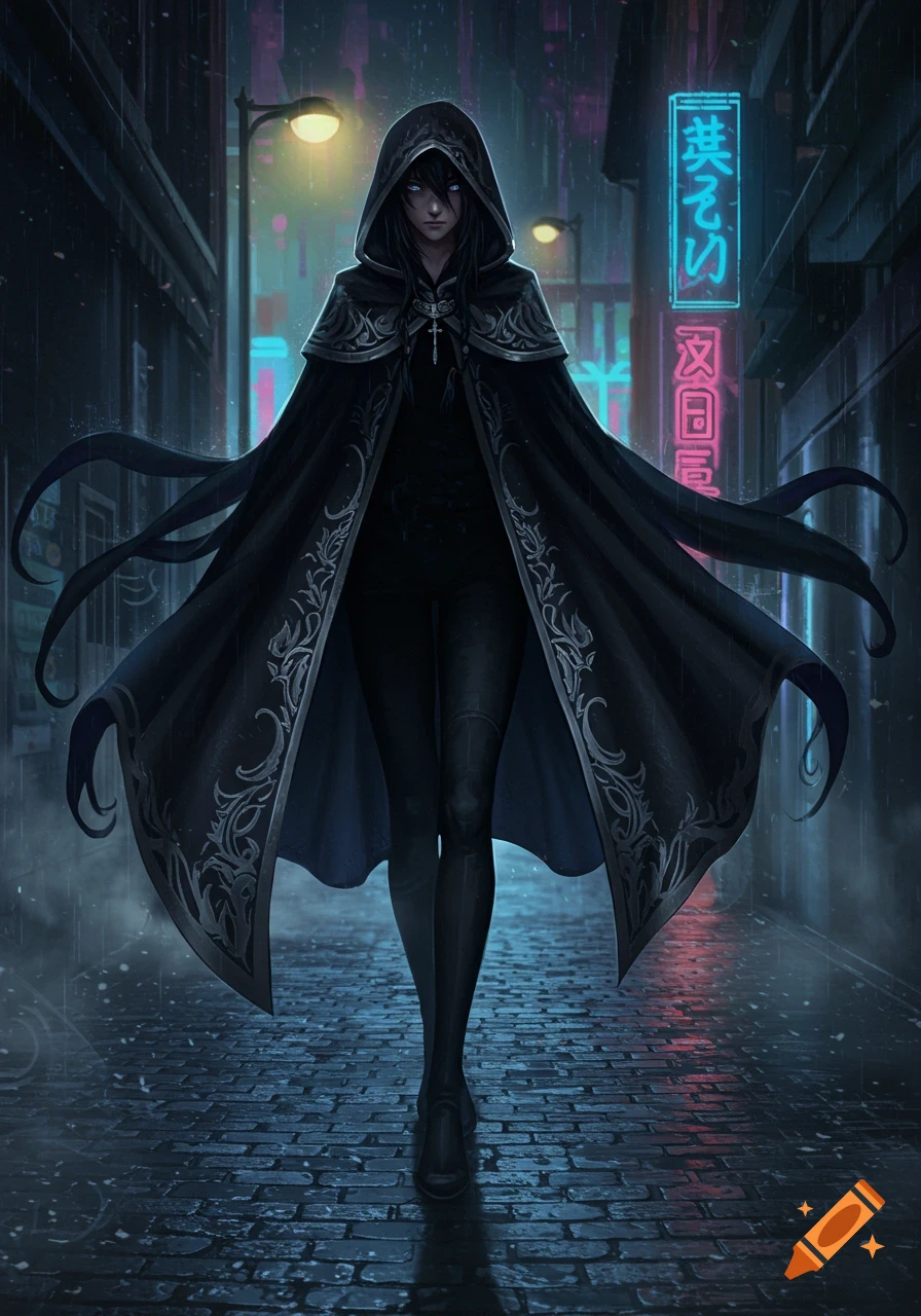 A dark anime figure in a hooded cloak walks down a rainy city street at night, lit by glowing neon signs.