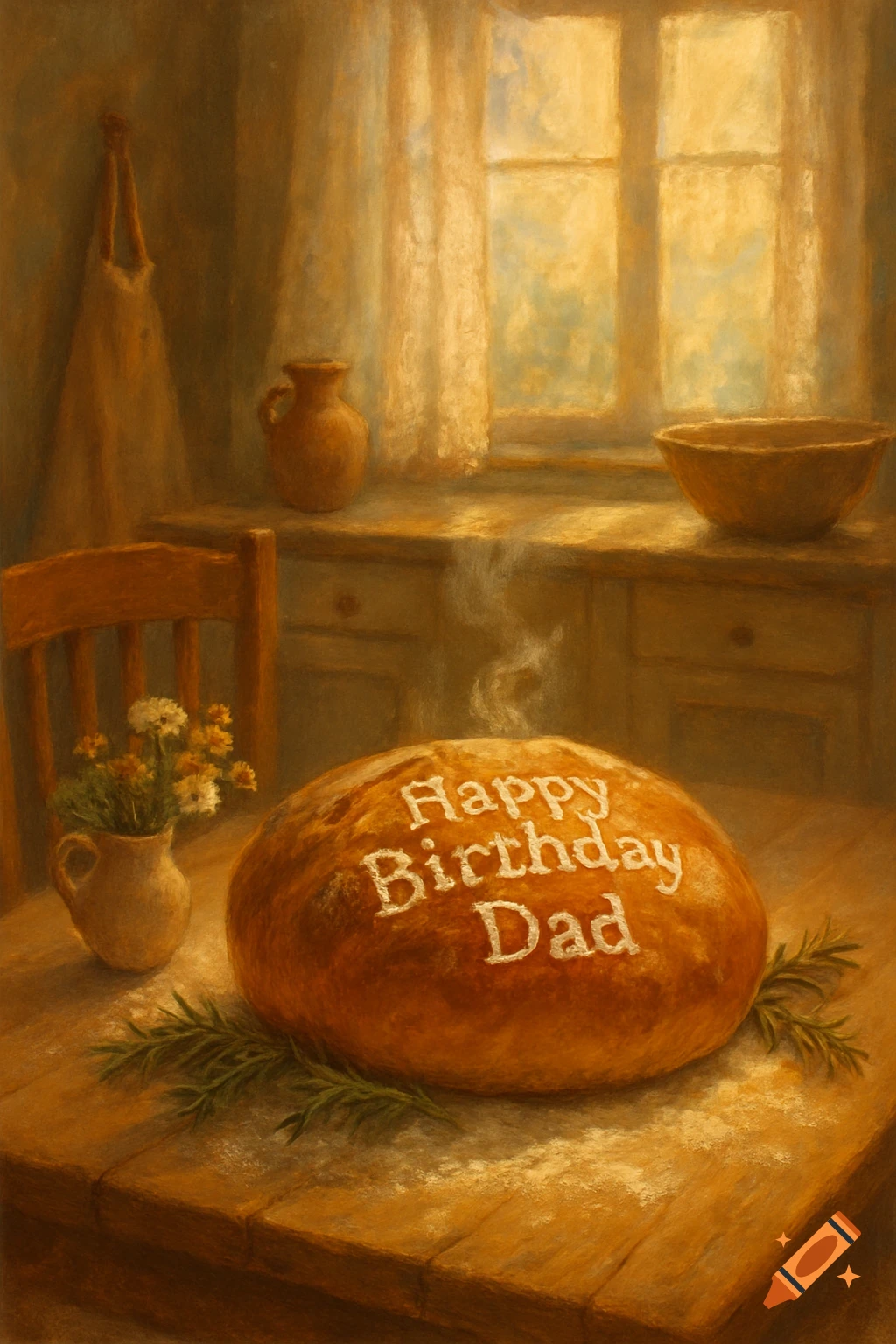 A painterly still life of a fresh loaf of bread steaming on a wooden table, with "Happy Birthday Dad" written on its crust. Rosemary sprigs and a vase of flowers are nearby, in a sunlit kitchen.
