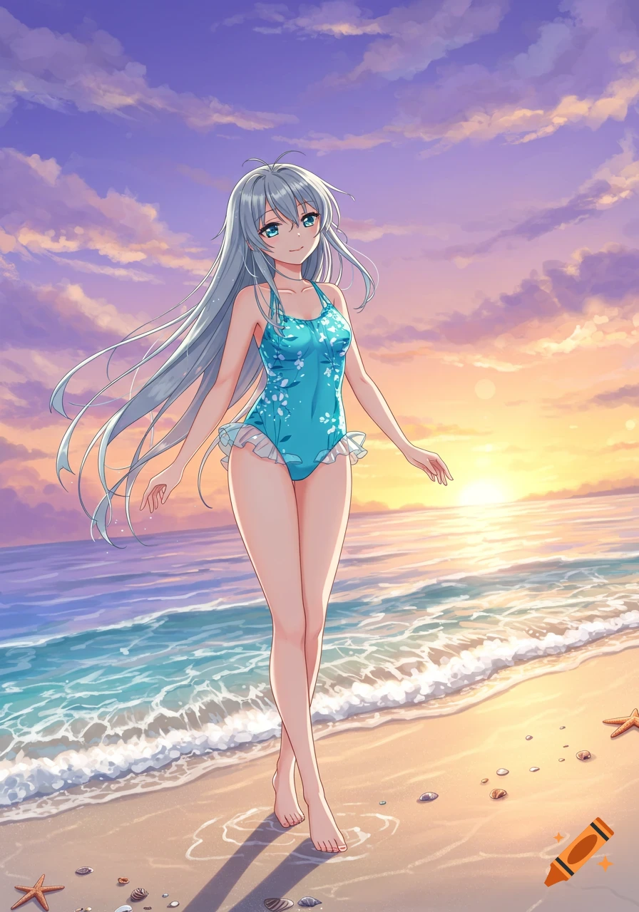 An anime girl with long silver hair in a blue swimsuit walks on a sandy beach at sunset.