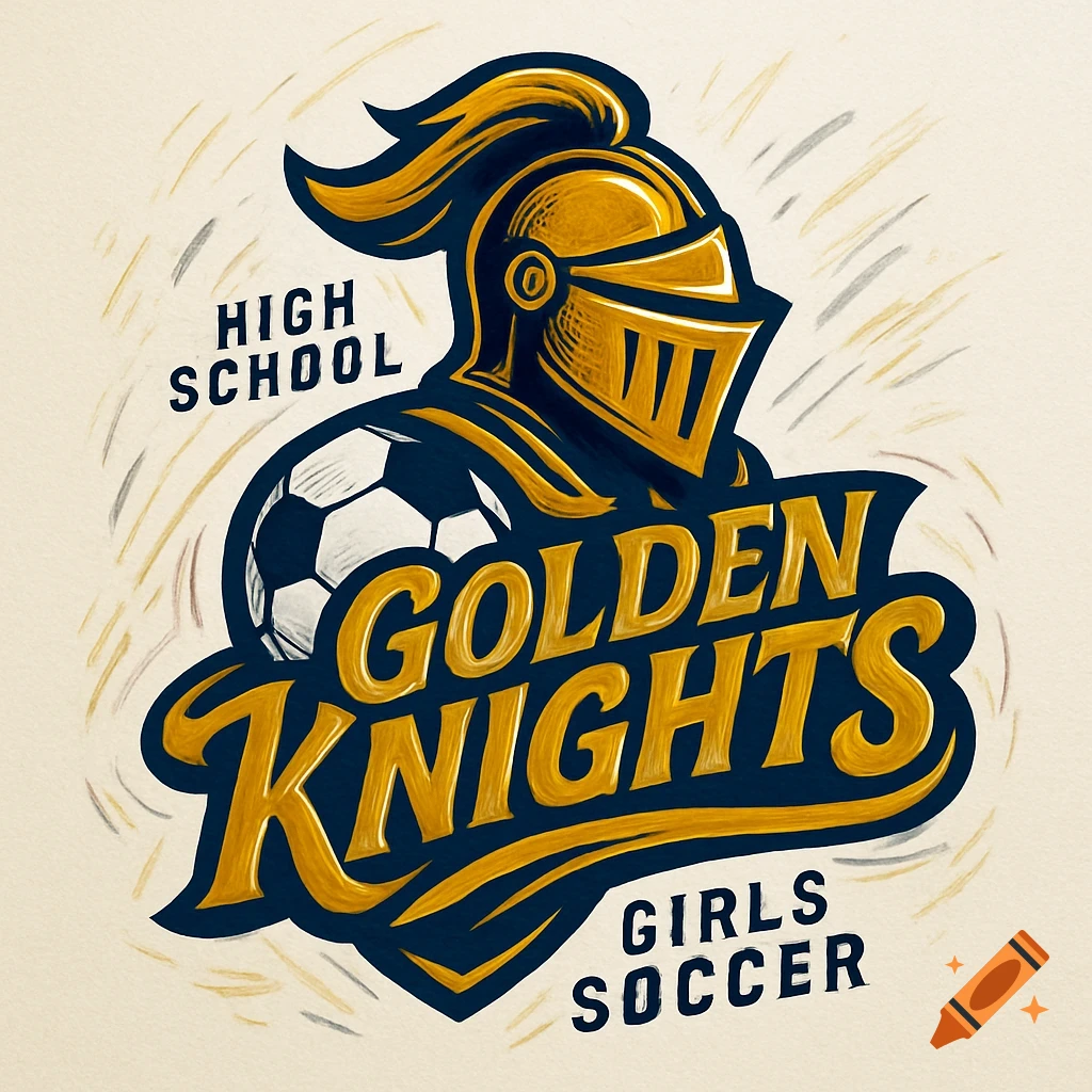 Logo of a golden knight helmet with a soccer ball, text reads 'HIGH SCHOOL GOLDEN KNIGHTS GIRLS SOCCER'.