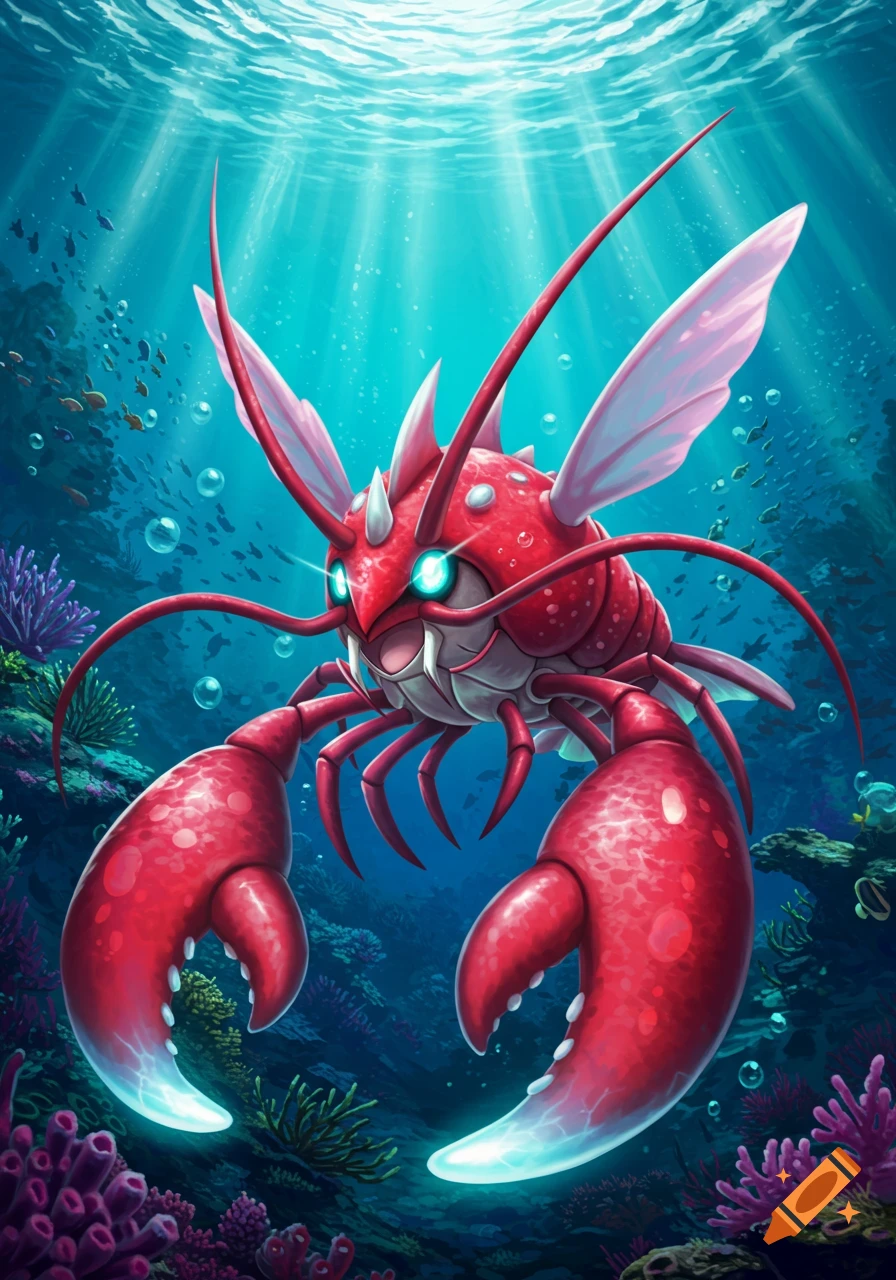 A red, lobster-like Pokémon with glowing eyes and claws swims in a vibrant underwater coral reef, lit by sun rays.