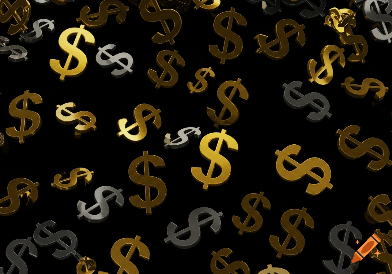 Gold and silver dollar signs scattered across a black background.