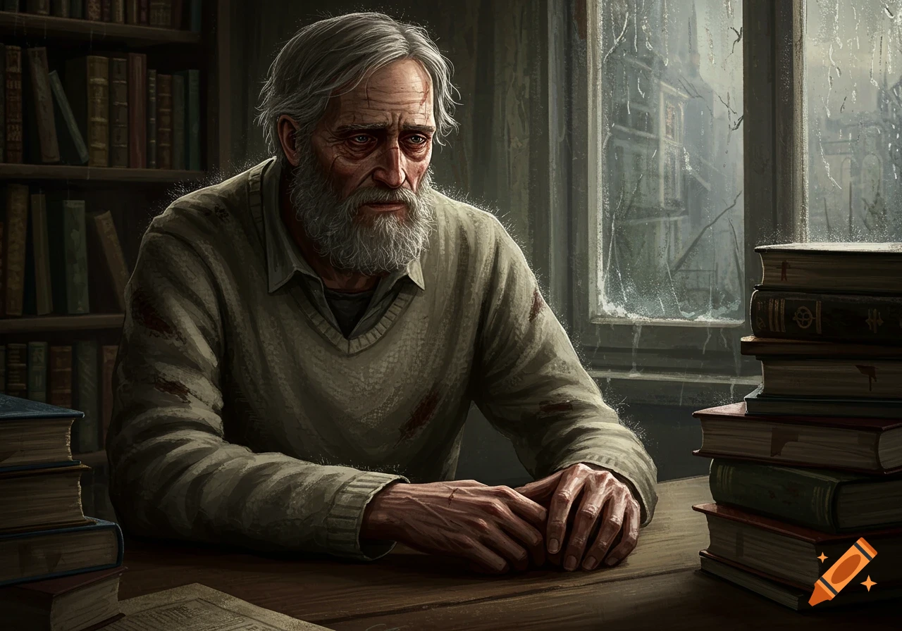 A melancholic old man with a grey beard sits at a table surrounded by books in a dimly lit room, looking out a rainy window.
