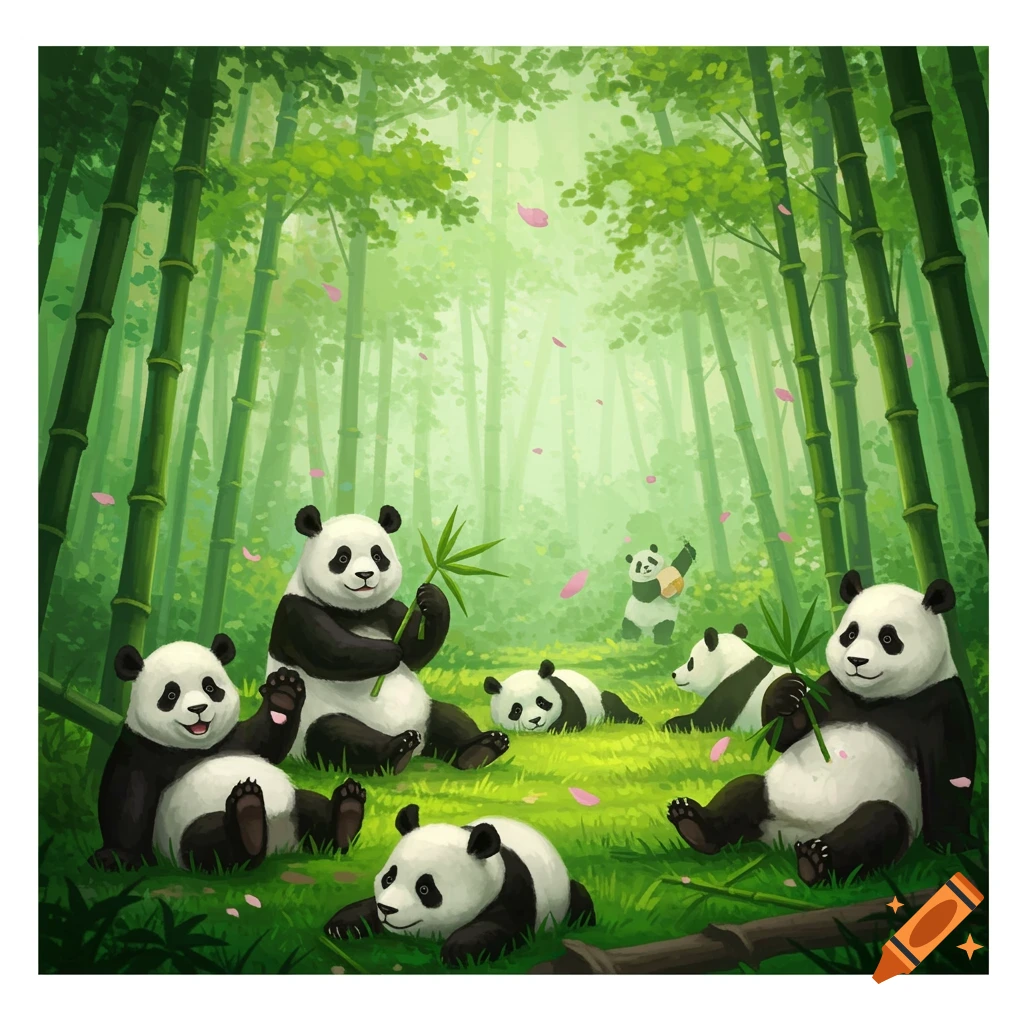 Cute pandas relaxing and playing in a vibrant green bamboo forest, illustrated style.