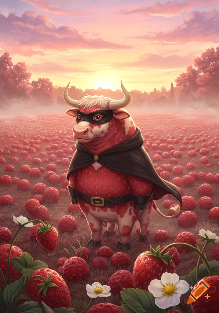 A strawberry-themed bull in a black mask and cape stands in a vast field of red strawberries at sunset.