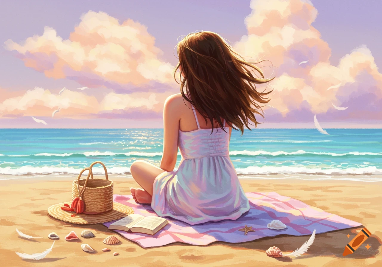 An illustration of a girl sitting on a beach blanket facing the ocean under a colorful sky, with a book and beach items nearby.