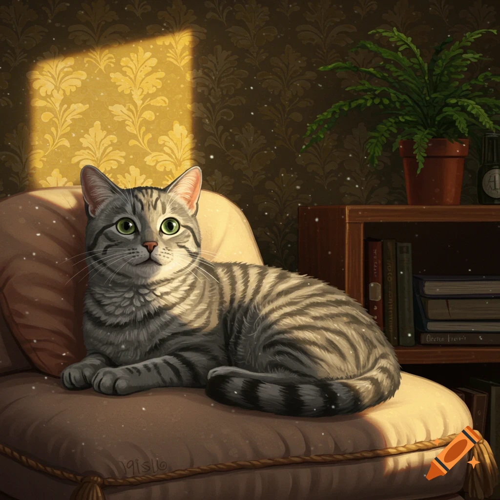A gray tabby cat with green eyes lies on a cushioned chair in a sunlit room, next to a plant and bookshelf. Painterly style.