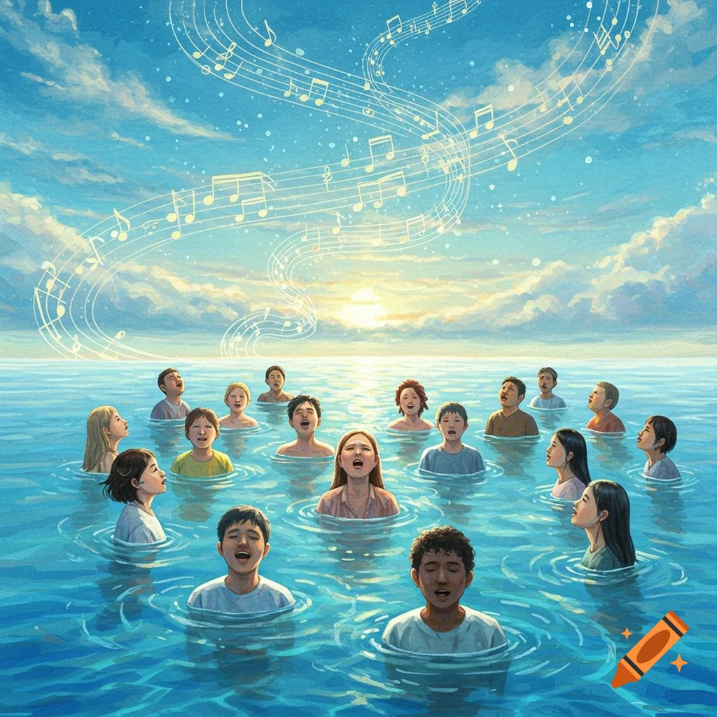 A group of diverse people stand in blue water, looking up and singing, with musical notes floating in the sky above a sunrise.