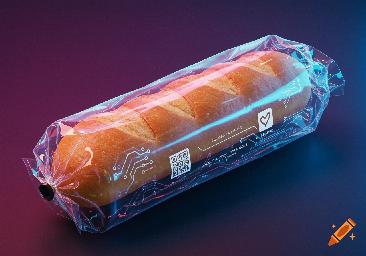 A fresh baguette in a clear plastic package with glowing blue and purple cyberpunk circuit patterns.