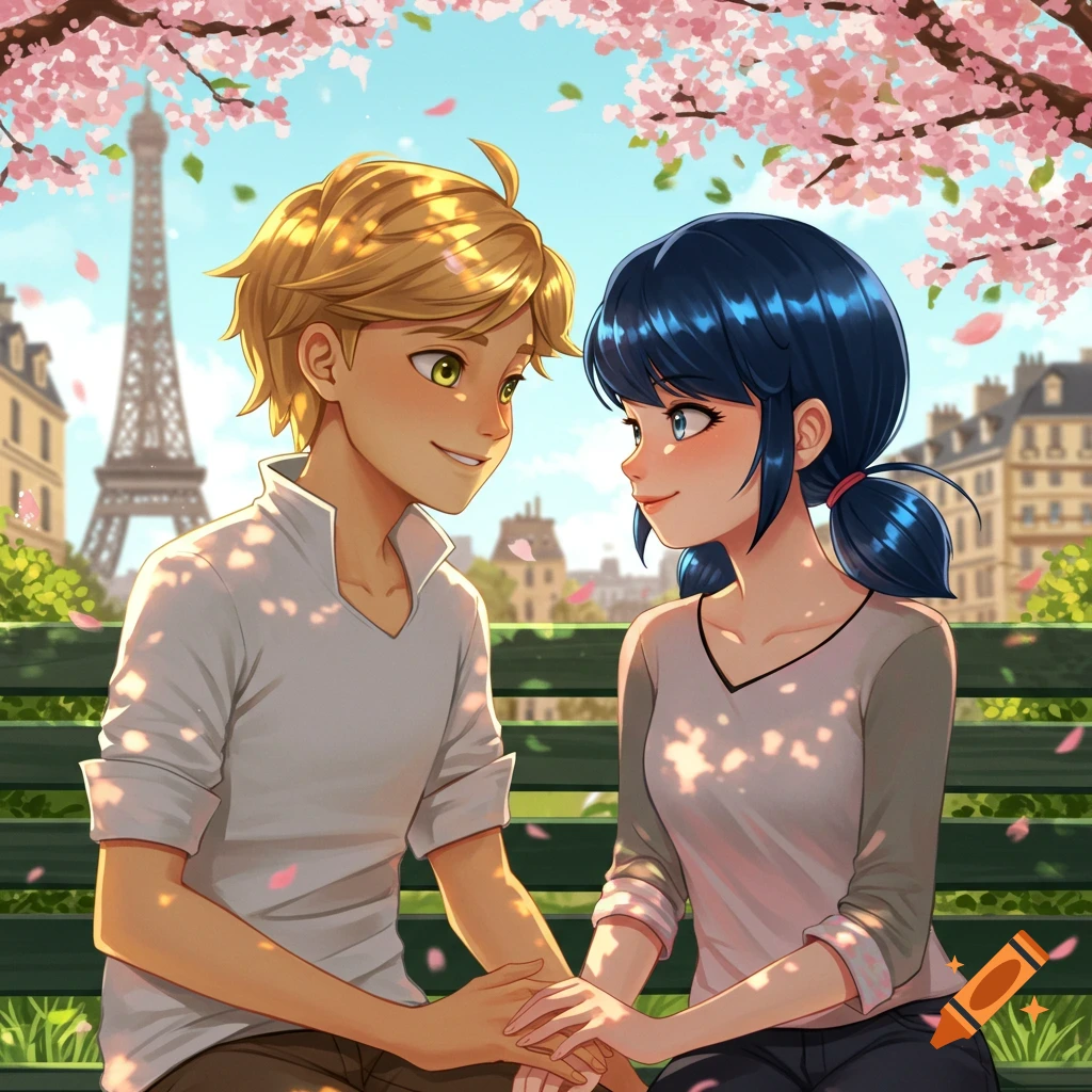 Adrien and Marinette from Miraculous Ladybug on a Paris park bench, holding hands under cherry blossoms, Eiffel Tower in background, anime style.