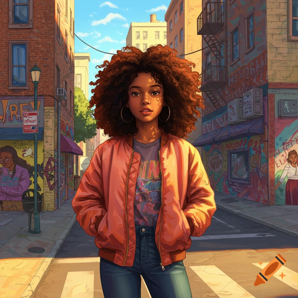 A young Black girl with curly hair stands confidently on a city street with colorful graffiti and buildings.