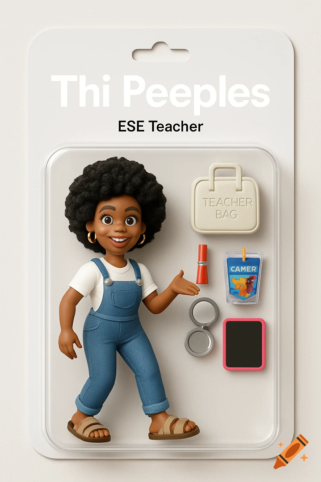 A smiling 3D action figure of a Black woman in overalls packaged as 'Thi Peeples ESE Teacher' with accessories.
