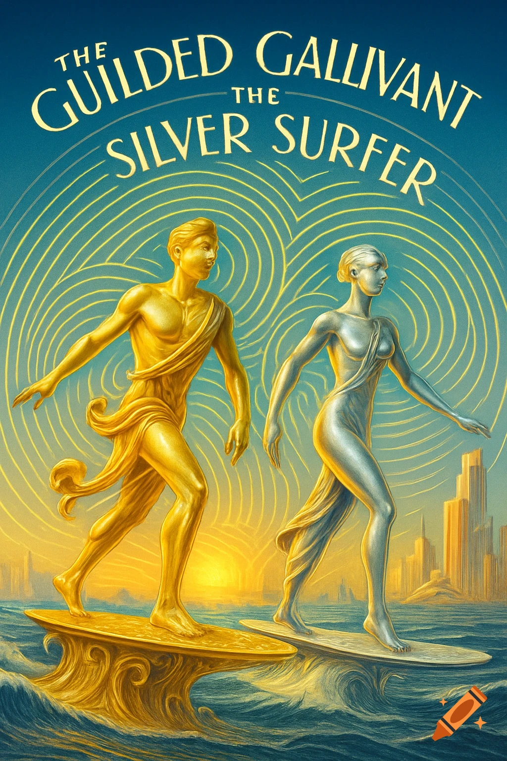 A poster in Art Deco style shows a golden man and a silver woman surfing on an ocean with glowing waves, under titles "The Guilded Gallivant" and "The Silver Surfer".