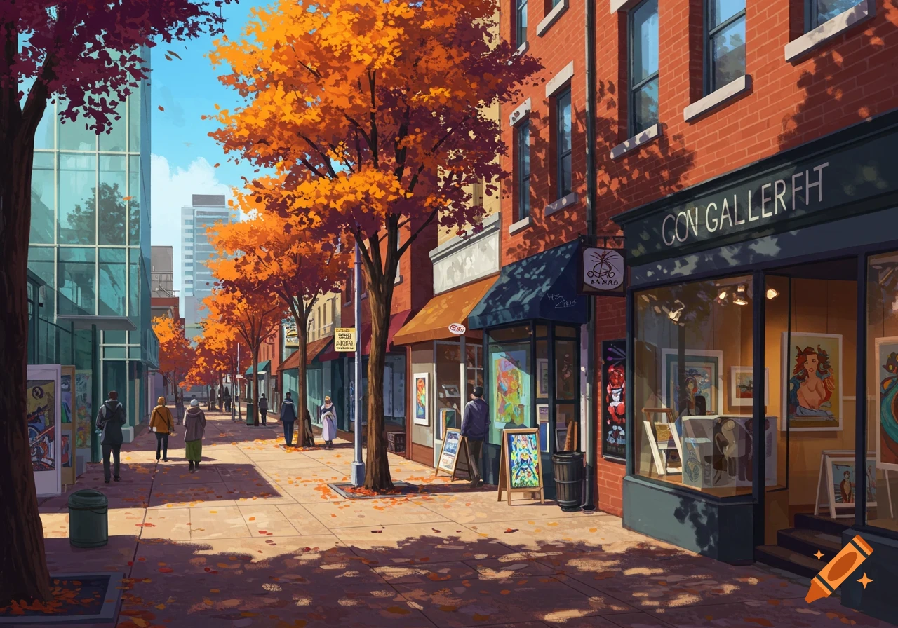 A bustling city street in autumn with orange-leafed trees, brick buildings, and an art gallery. People walk along the sidewalk under a bright blue sky.