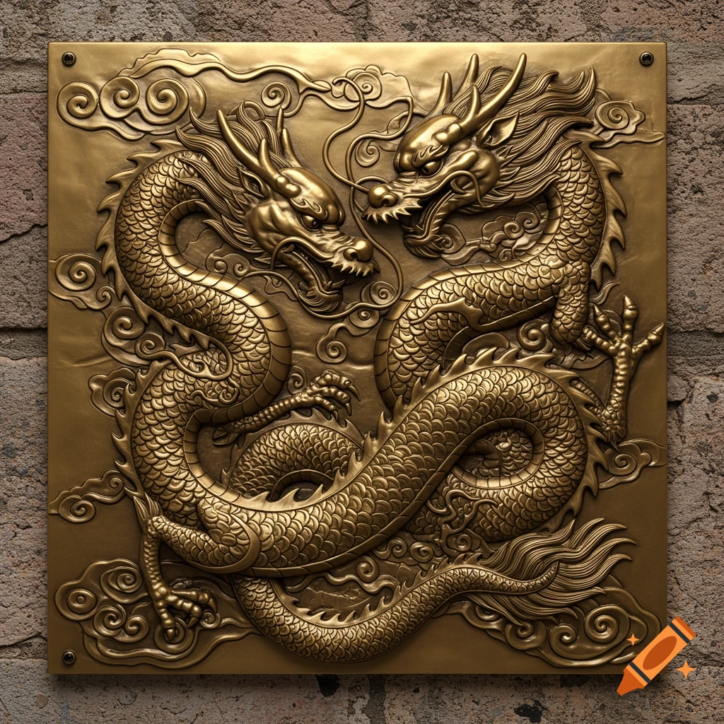A detailed golden brass relief sculpture featuring two ornate dragons intertwined, set against a brick wall background.