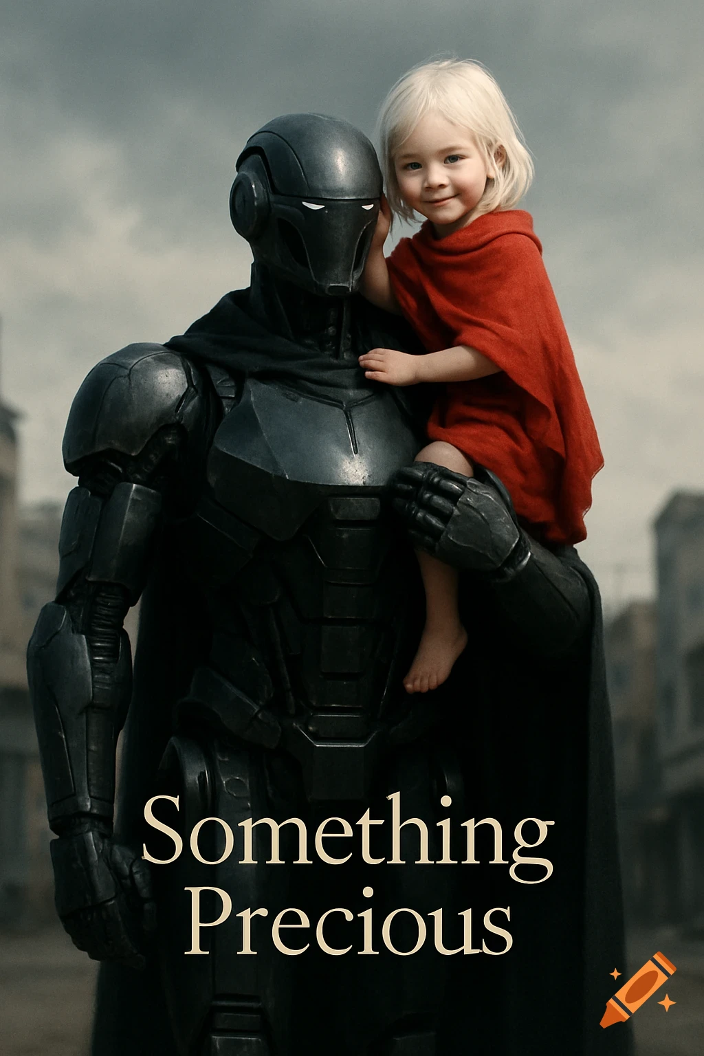 A large dark armored robot carries a small blonde child in a red shawl on its shoulder, outdoors under a grey sky.