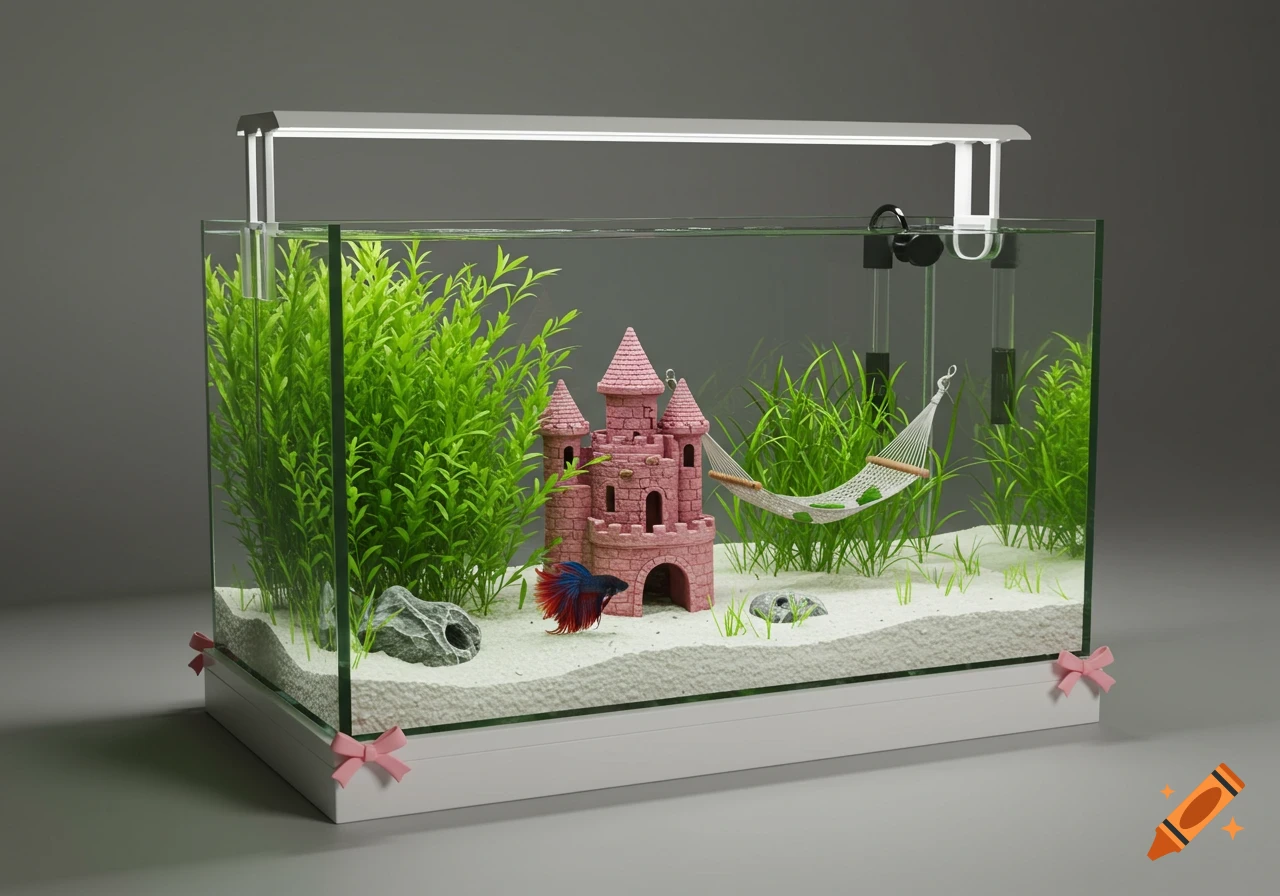 A meticulously decorated rectangular fish tank with a pink castle, lush green plants, white substrate, and a red and blue betta fish. The tank sits on a white stand with pink bows on the corners.