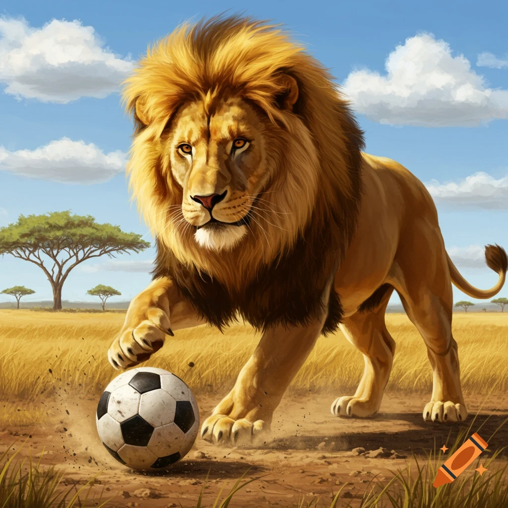 A powerful lion kicks a black and white soccer ball on a sunlit savanna with acacia trees under a blue sky.
